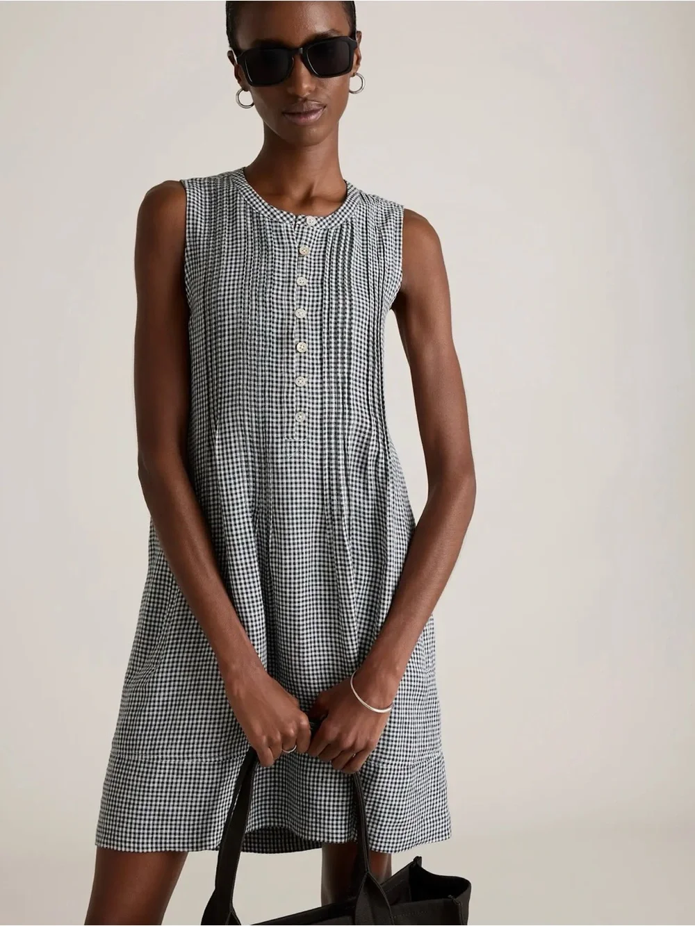 Quince Navy & White Gingham European Linen Sleeveless Swing Dress XL
